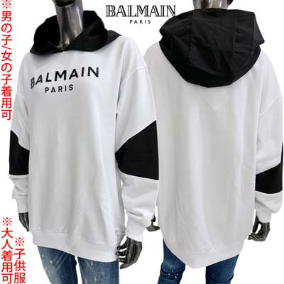 バルマン BALMAIN パーカー キッズ 子供服 フーディ スウェット トップス 大人着用可 ユニセックス  フロントブラックロゴ入りバイカラーデザインプルオーバーパーカー ホワイトブラック