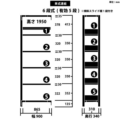 スチール書架 RKU 連結型 H1950×W900×D340(mm) 天地6段 傾斜スライド棚