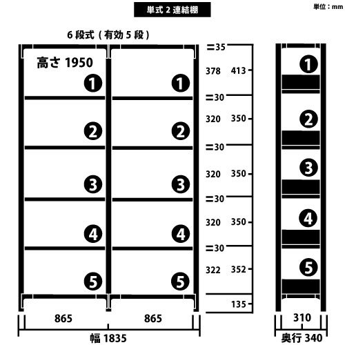 スチール書架 RKU 2連結棚(連増) H1950×W1835×D340(mm) 天地6段