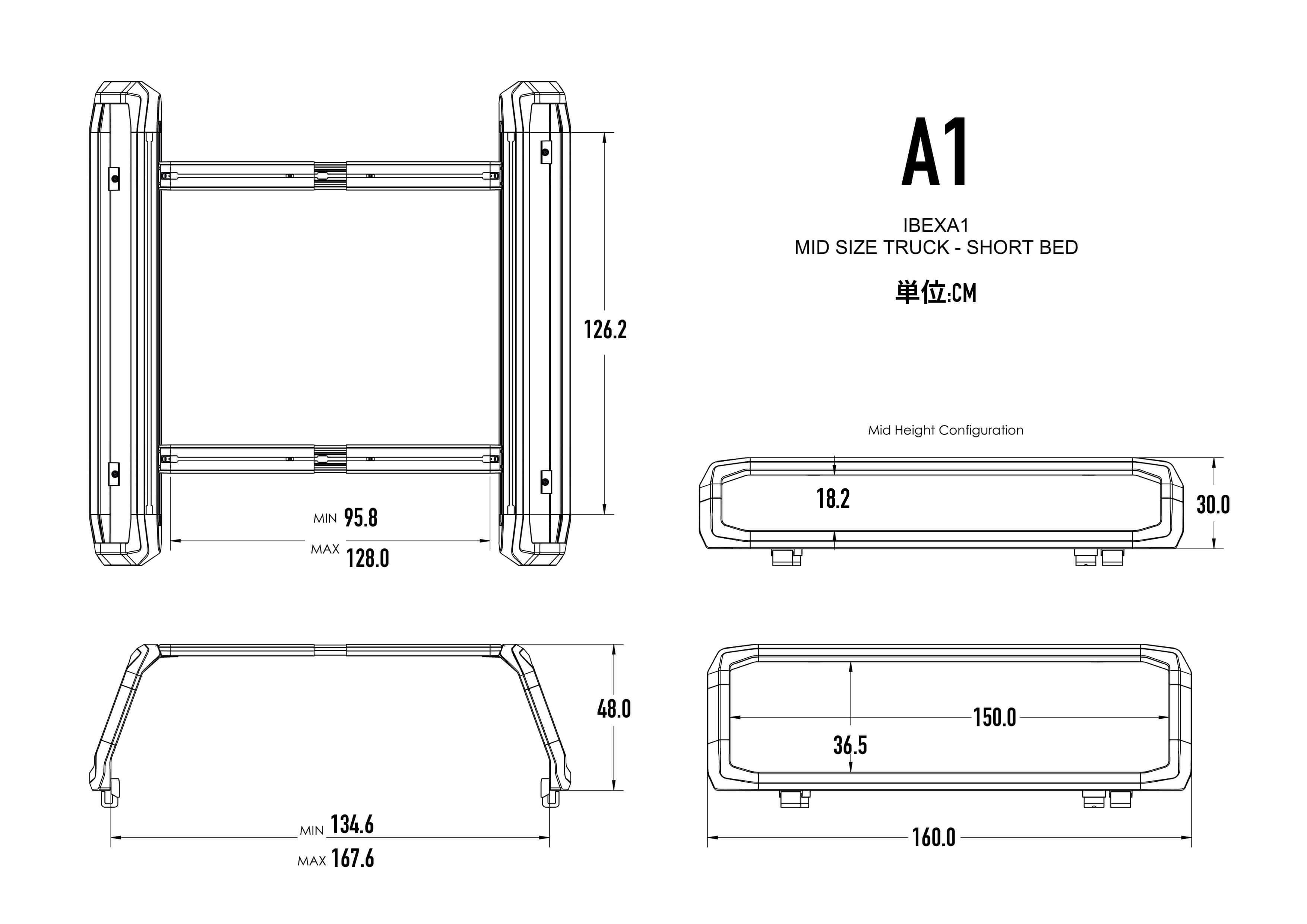 A1 Mid-size truck Short bed サイズ | Kuat正規輸入総代理店