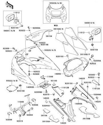 ZZR1100 D7 D9 1999-2000年 ｵ-ｽﾄﾗﾘｱ ﾏﾚ-ｼｱH6 Cowling 1/2部品図見