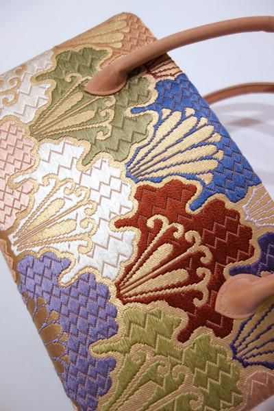 G-697】 利休バッグ 唐織 赤香色 雪輪青海波文 （小サイズ・未