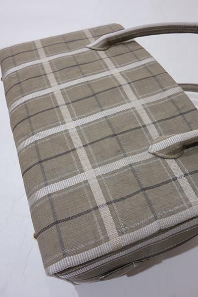 G-854】利休バッグ 紬地 灰汁色 格子（小サイズ・未使用