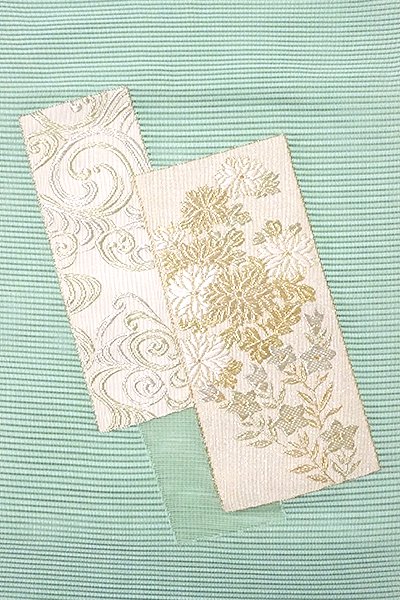 あおき【K-5187】西陣 河村織物製 絽綴れ 八寸名古屋帯 淡い青磁色 菊