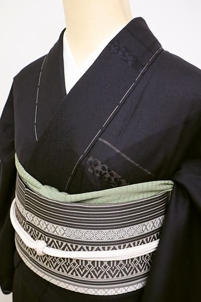 小紋 二重紗 流水 リーフ 葦 ブラック 水色 着物 035a d