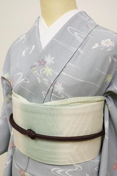 あおき【D-2181】きもの英製 単衣 小紋 淡い薄花色 流水に秋の