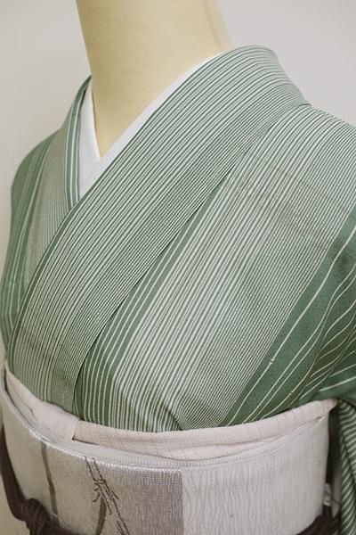 銀座【C-1619】金田政山作 紋紗 江戸小紋 薄青色 竹縞（しつけ付