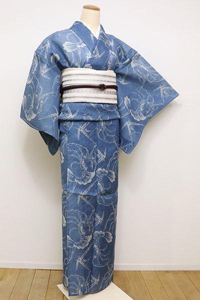 銀座【D-2228】（細め）日本工芸会正会員 松原忠作 玉藍染 絹紅梅 浴衣