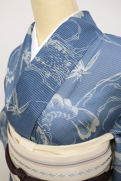 銀座【D-2228】（細め）日本工芸会正会員 松原忠作 玉藍染 絹紅梅 浴衣 