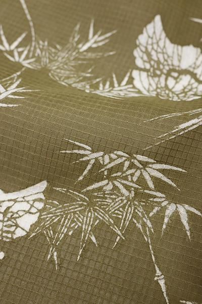 銀座【D-2248】竺仙製 綿紅梅 浴衣 黄海松茶色 竹に雀の図（反端