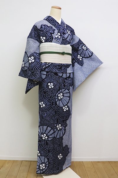 銀座【D-2255】（広め）木綿 絞り染め 浴衣 濃藍色 万寿菊の図 - 銀座