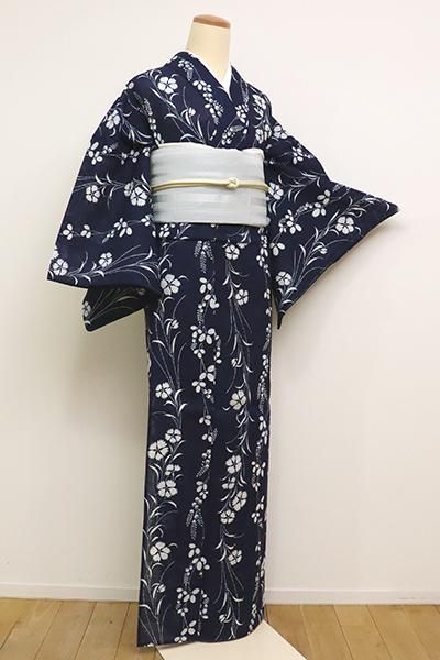 通販の【公式】 未使用品 綿絽浴衣 綿絽 絽 ゆかた 浴衣 花柄 藍色系