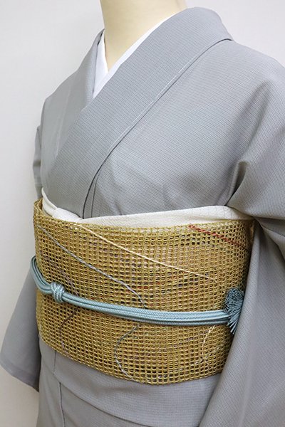 銀座【K-6261】粗紗 八寸織名古屋帯 芥子色 多彩な流線文 - 銀座