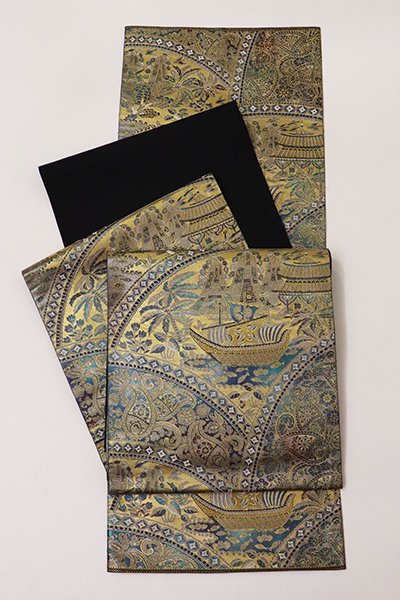 あおき【L-4630】西陣 服部織物製 袋帯 黒色×金色 オリエント更紗文 