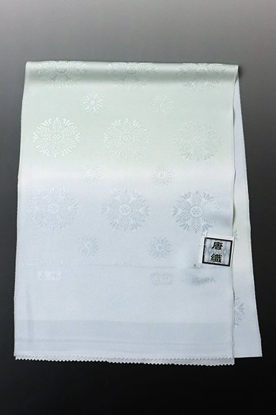G-1373】京都衿秀 帯揚げ 月白色×青磁鼠色 暈かしに装飾丸文（新品