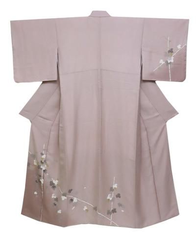 銀座【B-2345】(S・細め)付下げ 灰桜色 裾濃暈かしに葡萄の図 - 銀座