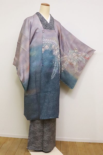 【未使用品】絞り絵羽道行コート 正絹 紬 雪輪柄 kimono A-1498
