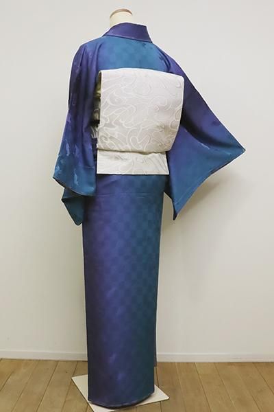 銀座【D-2390】（S）小紋 瑠璃紺色×藍色 竪暈かし 市松に猫の