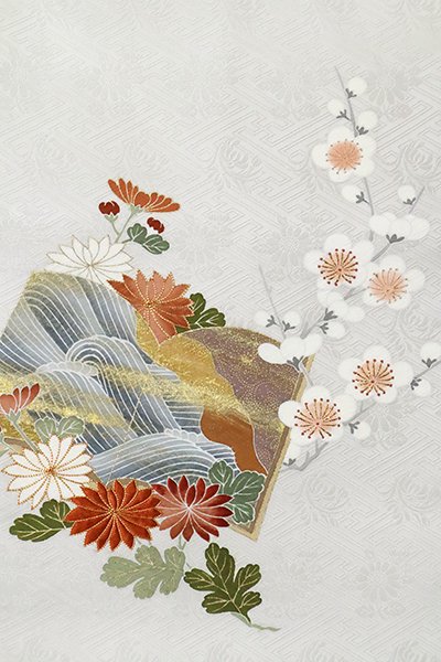 銀座【K-6616】染名古屋帯 白練色 冊子に梅と菊の花枝 - 銀座きもの