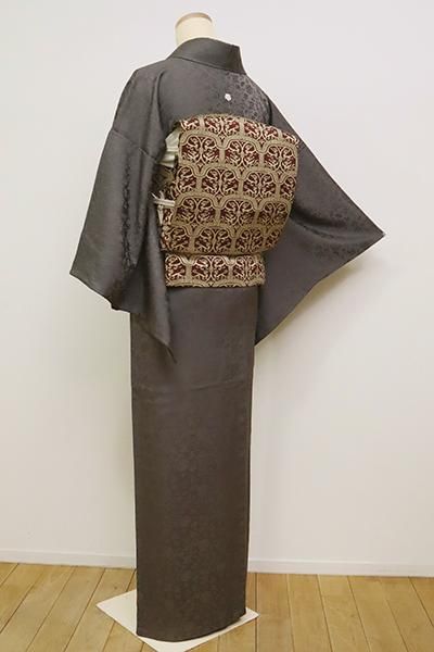 C-1835】（L）龍村美術織物製 染一ッ紋 色無地 消炭色 牡丹唐草