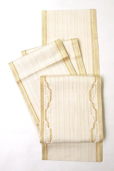 あおき【L-4984】組織り 袋帯 金色×生成り色 縞 - 銀座きもの青木