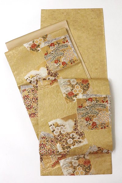 銀座【L-5041】西陣 加納幸製 袋帯 金色 色紙に四季花や華文（落款入