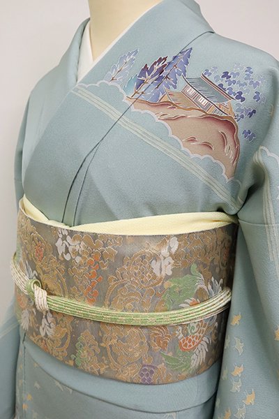 美品 京都西陣 服部 帯 服部織物 着物 こはく錦 菱華文 本金箔 袋帯