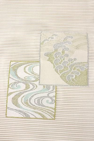 銀座【K-6813】絽綴れ 八寸名古屋帯 練色 色紙に波文 (高島屋扱い 