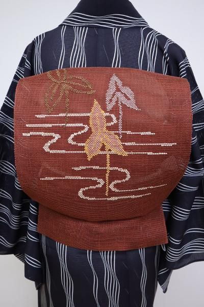 紗紬　名古屋帯　作家もの　柿　栗 紗紬 名古屋帯 作家もの 柿 栗