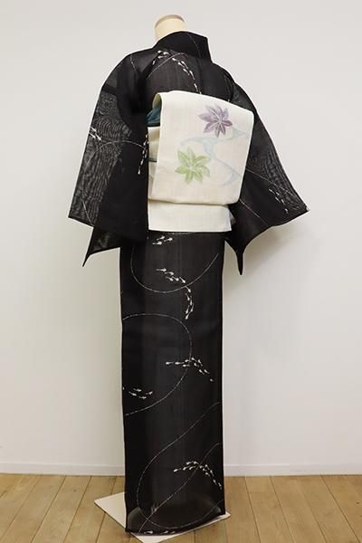 銀座【D-2559】（L・広め）紗紬 小紋 黒色 めだかの図 - 銀座