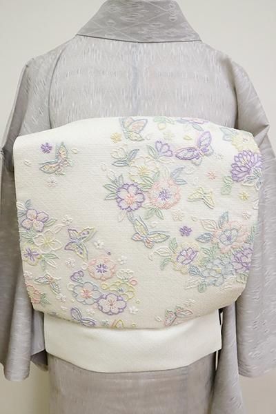銀座【K-6907】夏 刺繍名古屋帯 象牙色 花や蝶の図 銀座きもの青木｜長く大切に着続けて頂きたい上質な着物や帯 |ONLINE SHOP