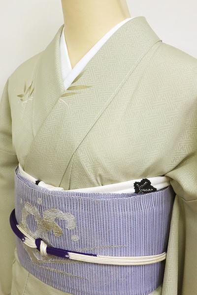 銀座【D-2582】（S）紋紗 小紋 淡い柳茶色 波千鳥や葦の図（落款