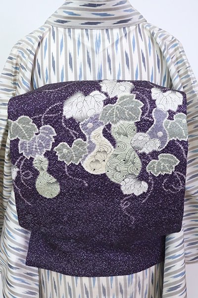 銀座【K-7088】染名古屋帯  絞り染め 深い紫色 蝋叩きに瓢箪の図