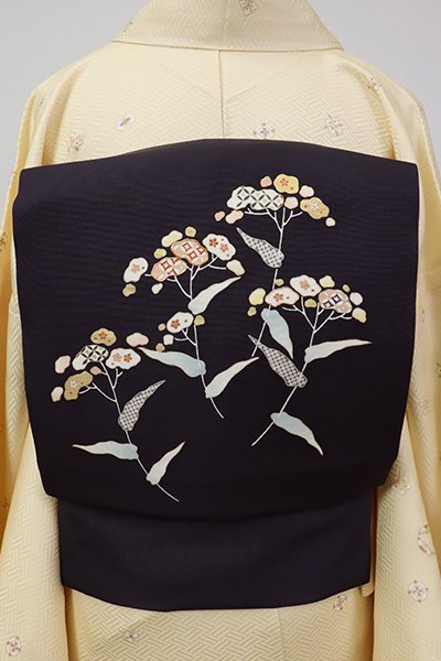 銀座【K-7099】塩瀬 染名古屋帯 青褐色 女郎花の図（三松扱い・畳紙付