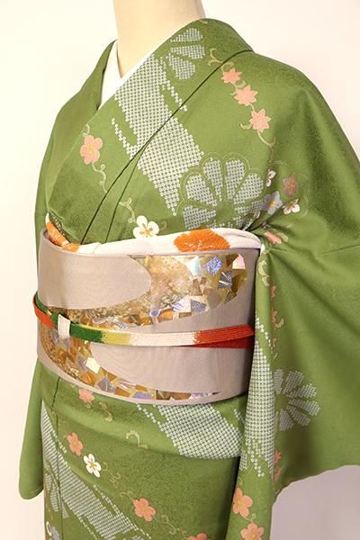 銀座【B-2781】訪問着 苔色 菊や花々の図 - 銀座きもの青木