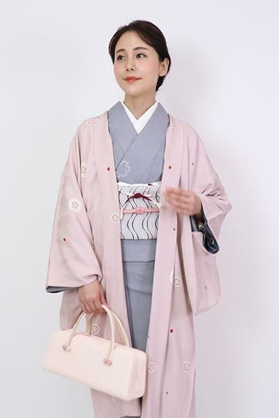 b140 利休白茶 洗える訪問着 フルセット 身丈157裄丈66 淡色コーデ G-1750】京都衿秀 利休バッグ 楊柳×苧環 桜色 無地（新品） - 銀座