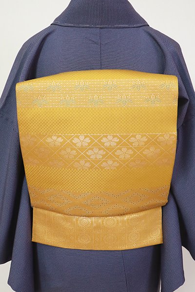 あおき【L-5446】西陣 川島織物製 袋帯 山吹茶色 横段に有職文など