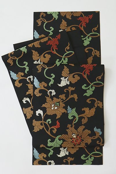 銀座【L-5499】西陣 川島織物製 本袋帯 黒色 花唐草の図（落款入 
