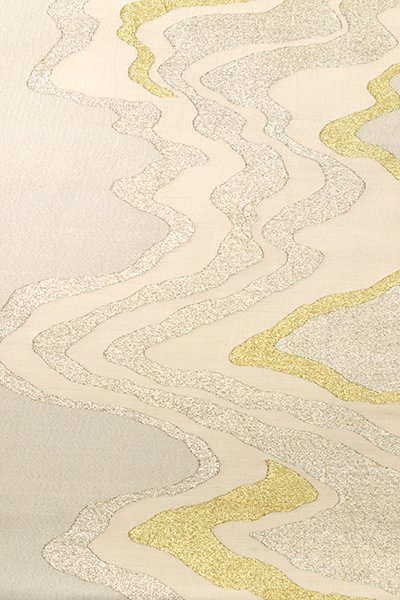 銀座【L-5588】山鹿清華作 綴れ織り 袋帯 白練色 抽象文（落款入 