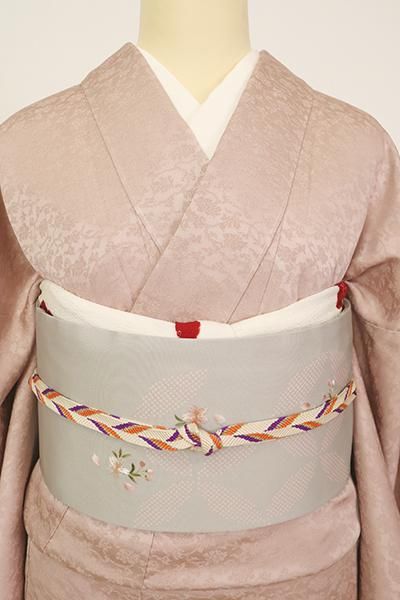 アイボリー シルク 刺繍 着物 銀座【K-7341】塩瀬 刺繍 名古屋帯 銀鼠色 七宝に桜の図 - 銀座