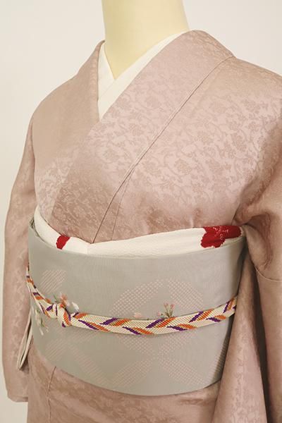 正絹 上品な淡いシルバーグレー 箔 雪輪・桜・花柄・宝 刺繍 名古屋帯 銀糸金糸 相良刺繍 牡丹 華紋 名古屋帯 金糸 生成り色 白 217 | kimono Re