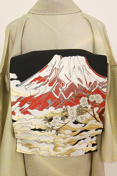 銀座【L-5595】袋帯 黒色 赤富士に雲と桜の図