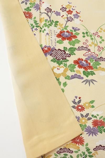 銀座【D-2756】小紋 鳥の子色 四季花の図（反端付） - 銀座