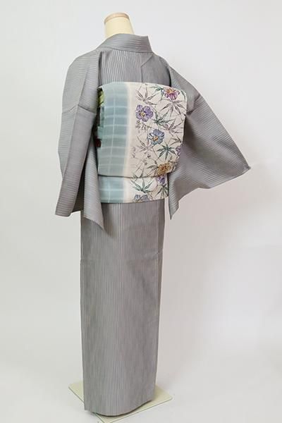 あおき【A-3321】単衣 紬 白鼠色 竪縞 - 銀座きもの青木｜長く
