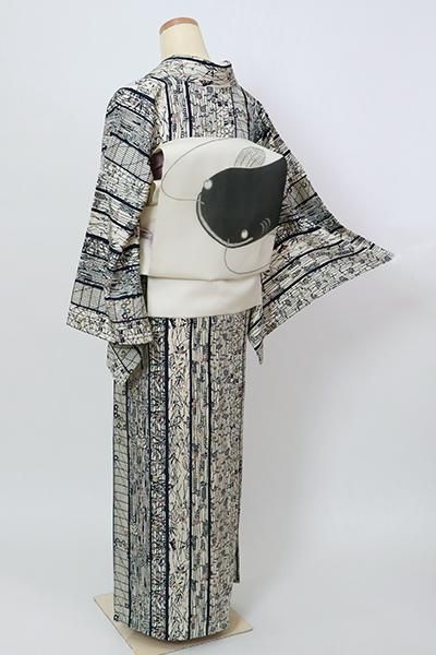 銀座【D-2783】単衣 型絵染 小紋 練色 縞に草花 - 銀座きもの 銀座【D-2783】単衣 型絵染 小紋 練色 縞に草花 - 銀座きもの