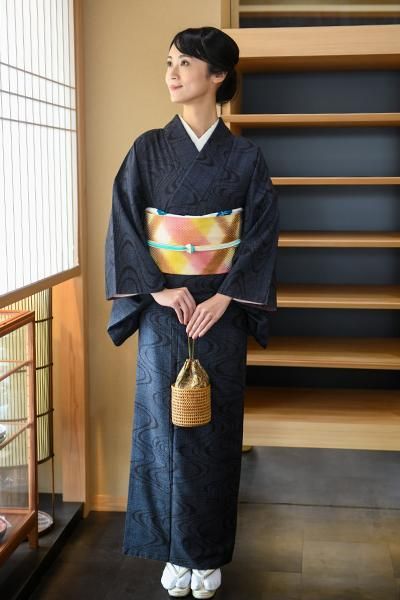 コンパクトな梱包になります■　結城紬　微塵格子　藍　着物　正絹