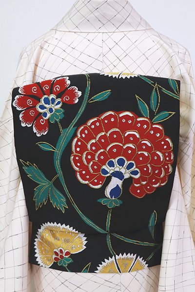 銀座【K-7461】西陣 川島織物製 開き織名古屋帯 黒色 唐花の図（落款入）