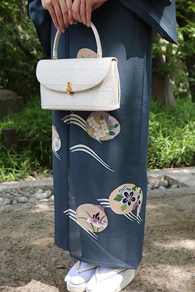 和装用バッグセット シルク混紡 竹製ハンドル 手描き友禅 象更紗トップハンドルバッグ