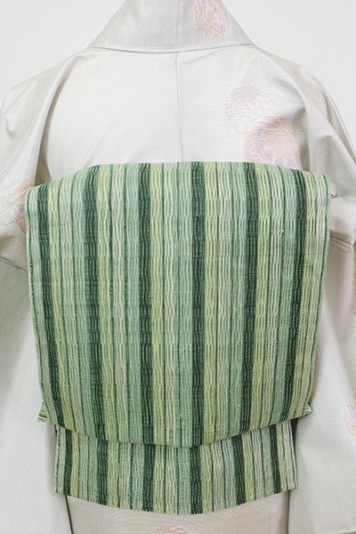 銀座【K-7566】櫛織 夏 織名古屋帯 薄緑色 竪縞