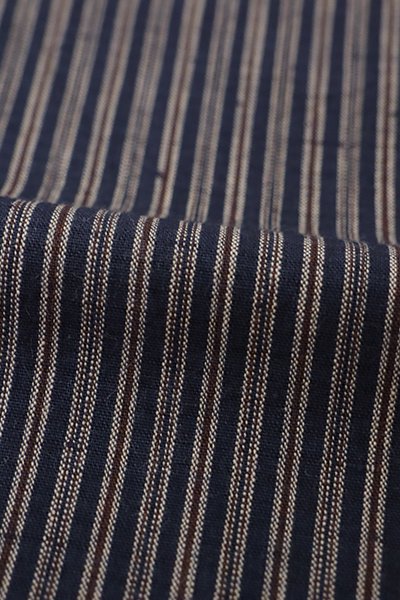 銀座【A-3382】（L）単衣 綿紬 濃藍色×焦茶色 竪縞 - 銀座きもの青木 